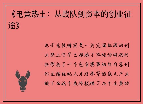 《电竞热土：从战队到资本的创业征途》