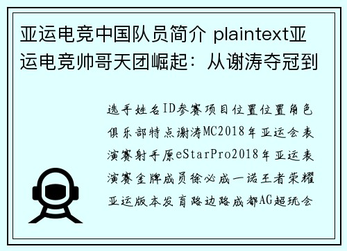 亚运电竞中国队员简介 plaintext亚运电竞帅哥天团崛起：从谢涛夺冠到杭州集训名单揭秘