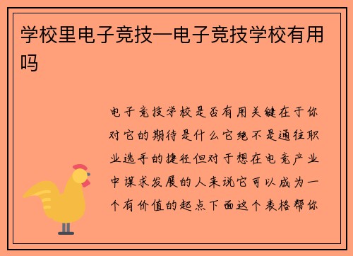 学校里电子竞技—电子竞技学校有用吗